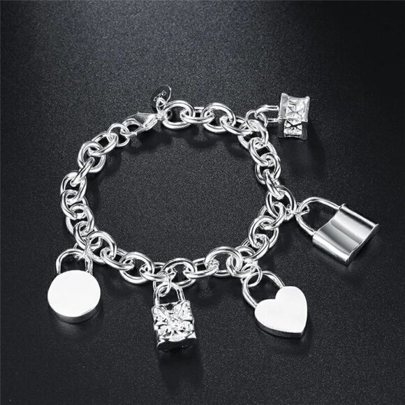 Sterling Silver 925 Chain bracelet with Lock Charms #1226 - Picture 1 of 9